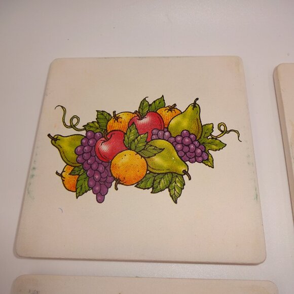 Set of 4 Vintage Sandstone & Cork Coasters Fruit Grapes Pears Apples Taiwan - Picture 2 of 7
